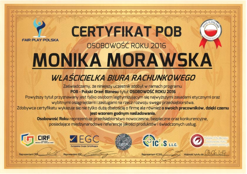 certyfikat POB Morawska Kraków